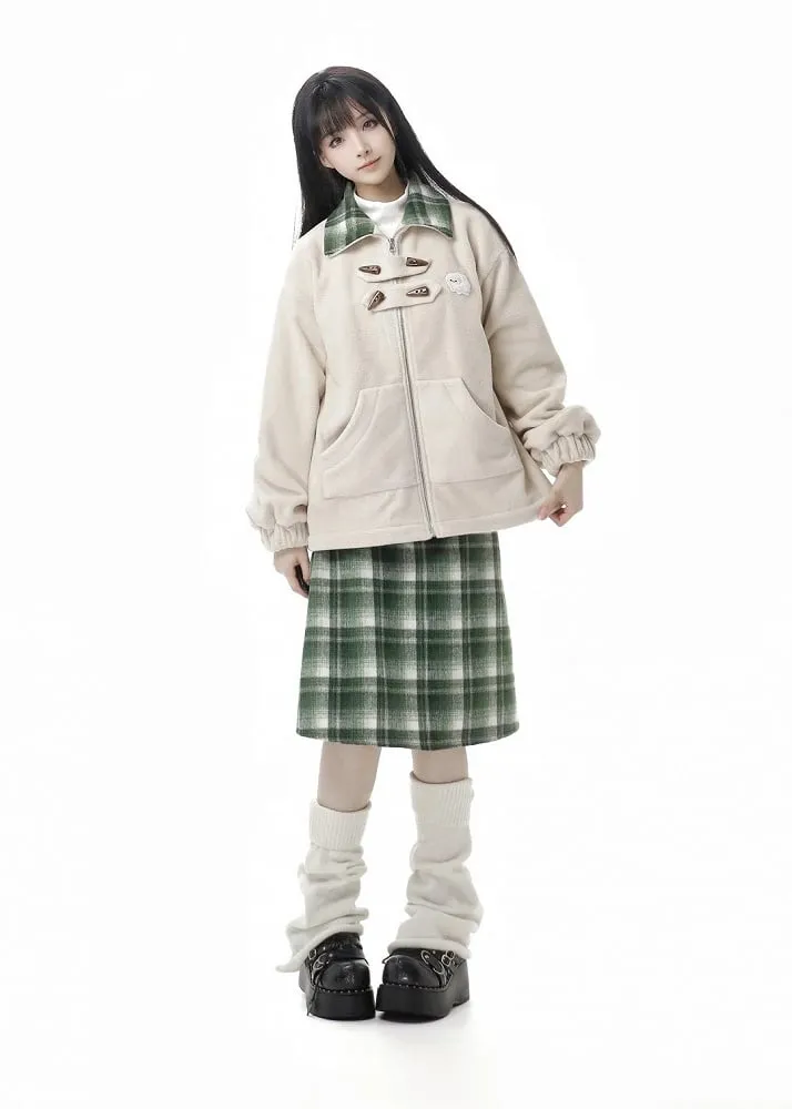 Apricot Horn Button Design Fleece Coat Pompons Scarf  Vest