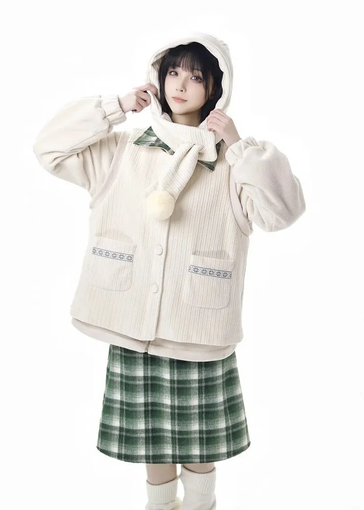 Apricot Horn Button Design Fleece Coat Pompons Scarf  Vest