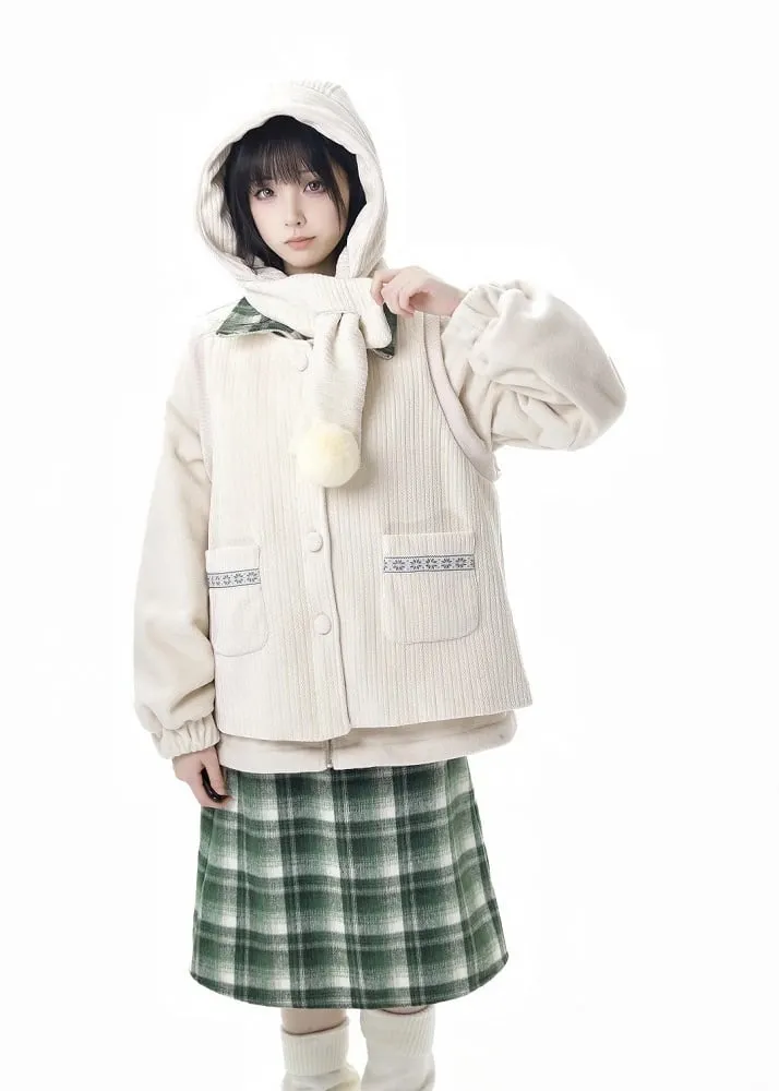 Apricot Horn Button Design Fleece Coat Pompons Scarf  Vest