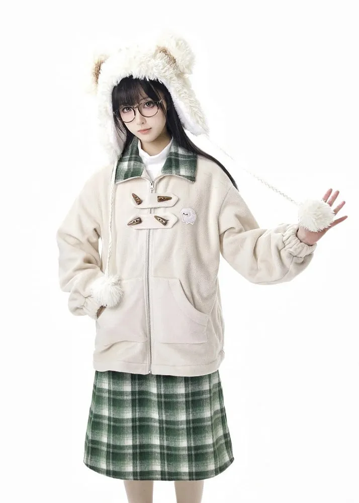Apricot Horn Button Design Fleece Coat Pompons Scarf  Vest
