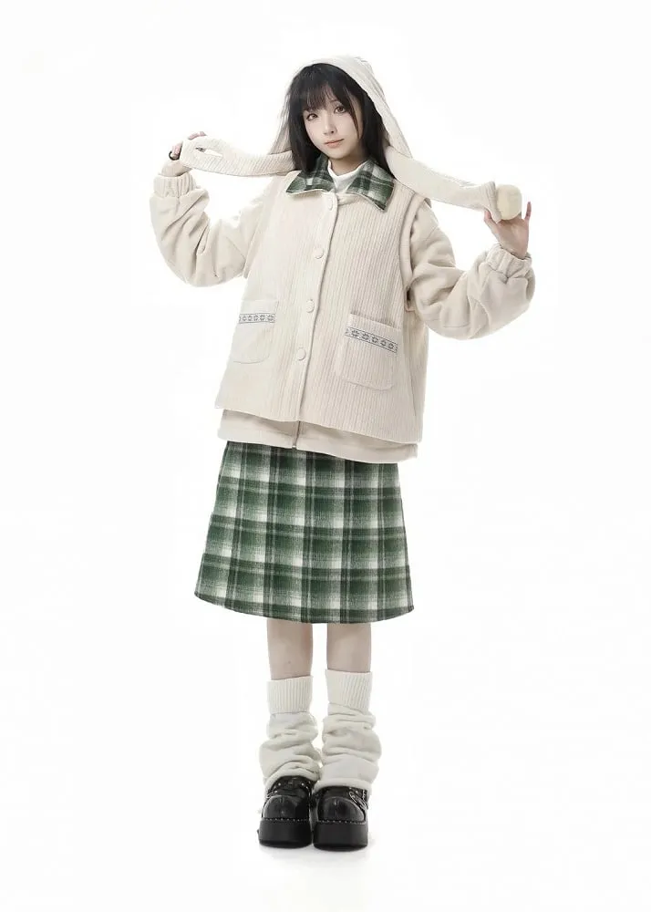 Apricot Horn Button Design Fleece Coat Pompons Scarf  Vest