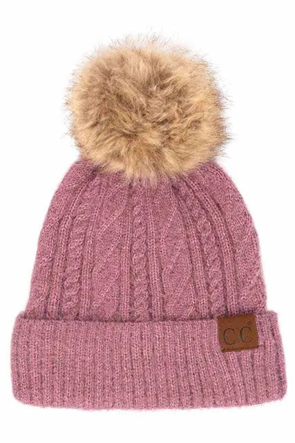 C.C Soft Cuff Cable Knit Faux Fur Pom Bean