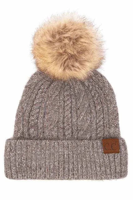 C.C Soft Cuff Cable Knit Faux Fur Pom Bean