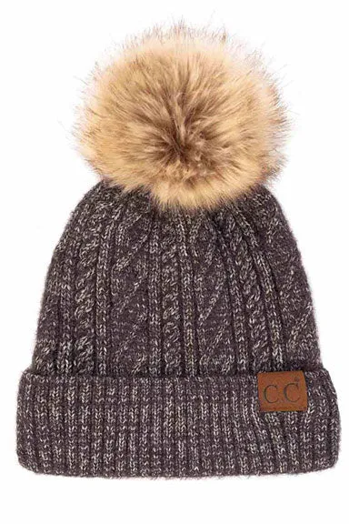 C.C Soft Cuff Cable Knit Faux Fur Pom Bean