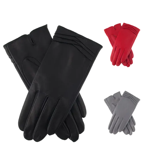 Dents Womens Leather Gloves With Pleat Detail And Fine Fleece Lining