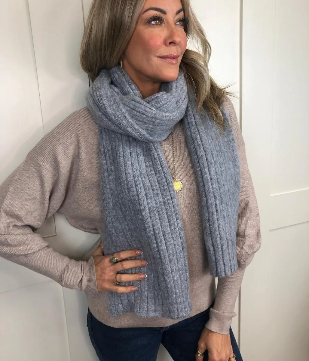 Grey Evie Ribbed Wool Blend Scarf