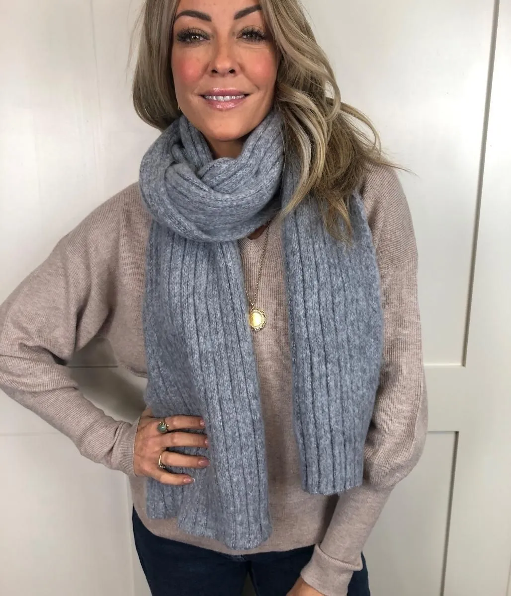 Grey Evie Ribbed Wool Blend Scarf