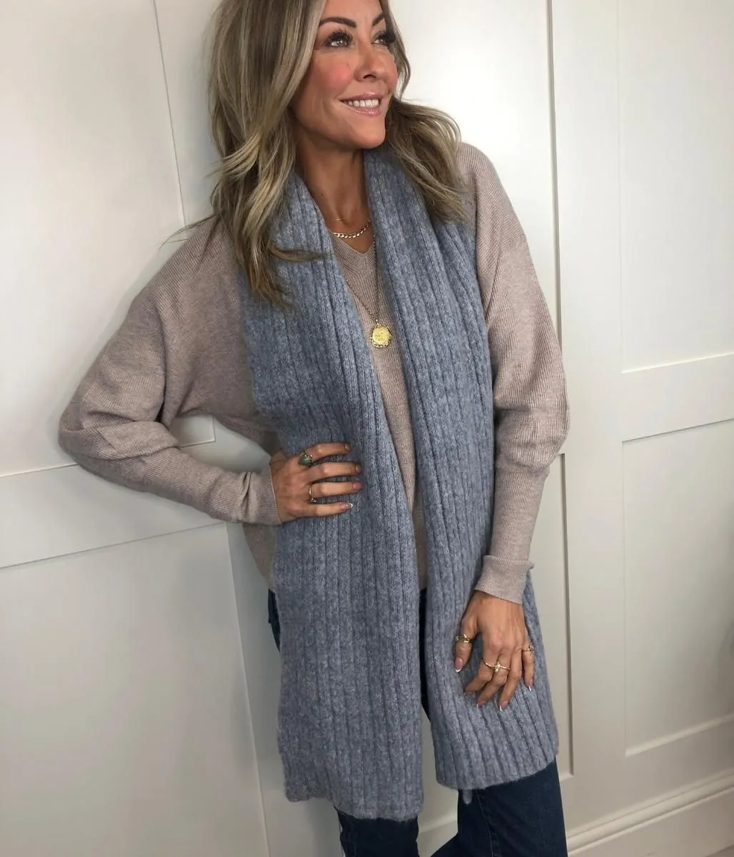 Grey Evie Ribbed Wool Blend Scarf