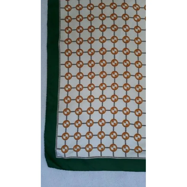 Gucci Green Gold Brown G Logo Print Silk Scarf
