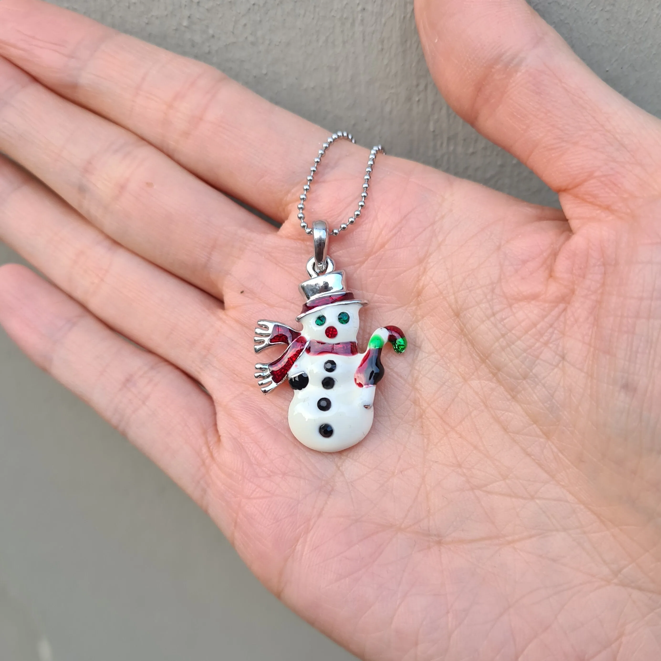 Hand Painted White Snowman with Hat and Scarf Christmas Necklace