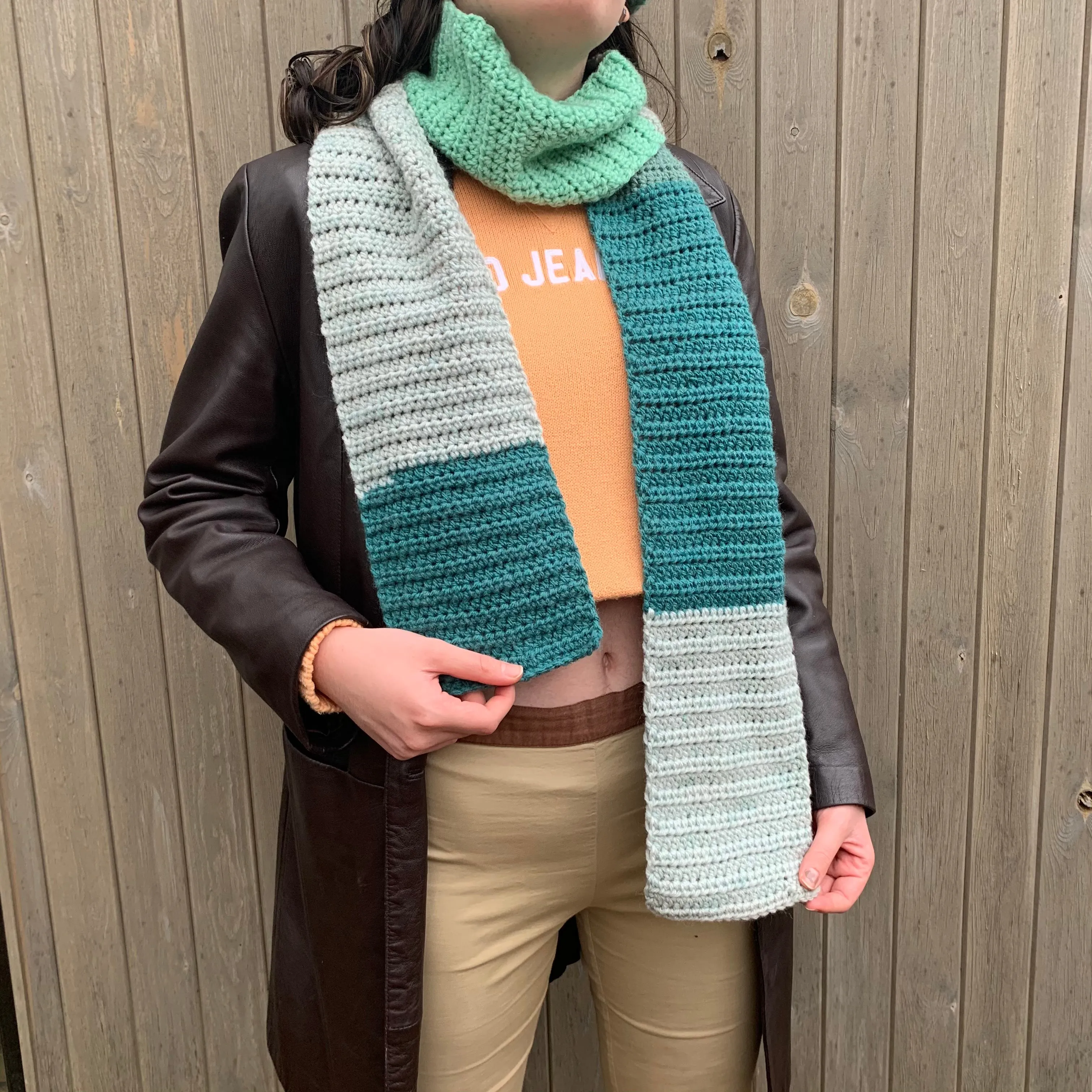 Handmade teal colour block crochet scarf