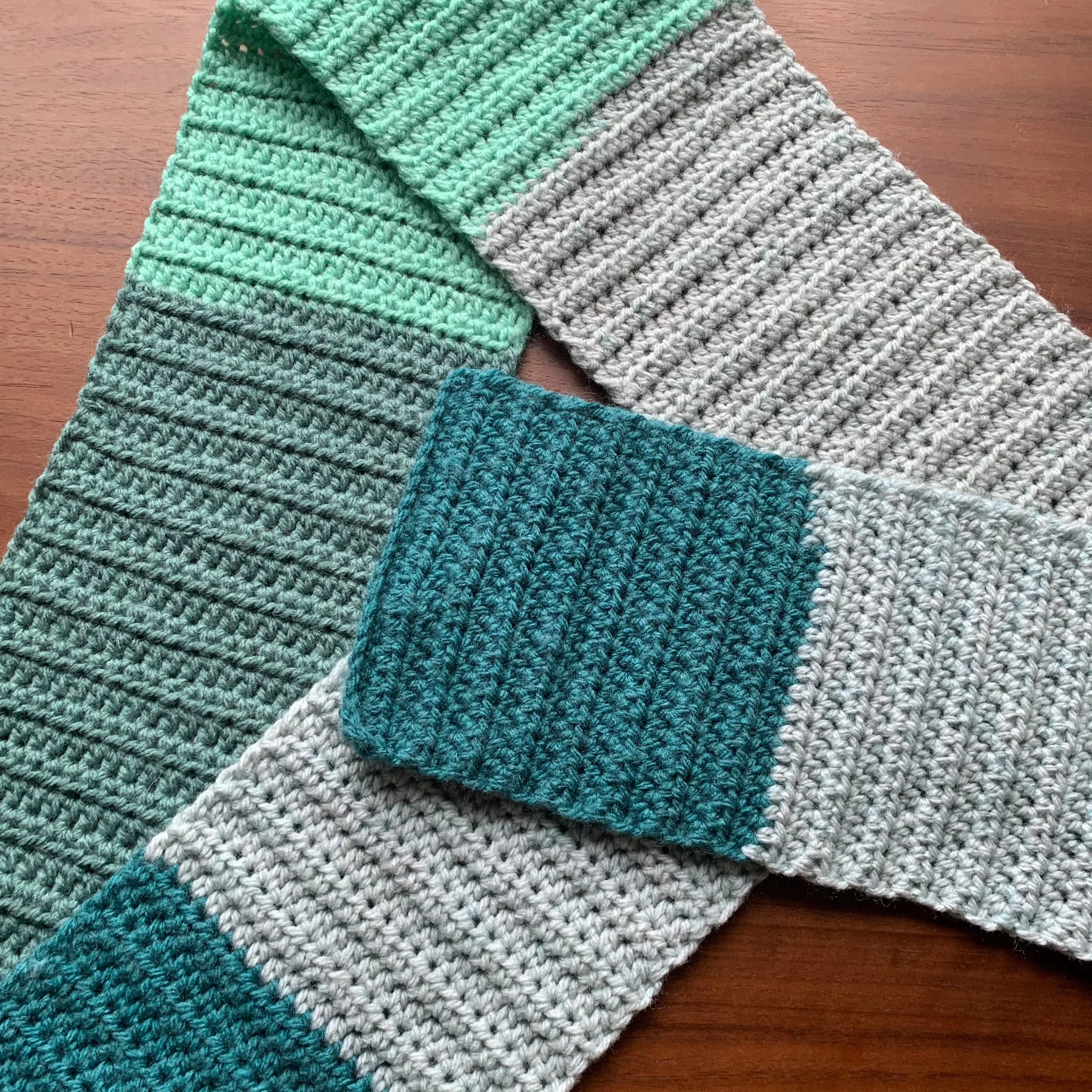 Handmade teal colour block crochet scarf
