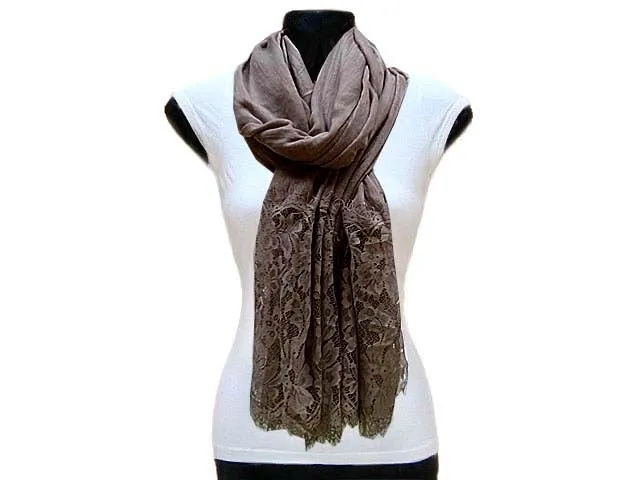 LARGE TAUPE BEIGE LACE DETAIL LIGHTWEIGHT SCARF