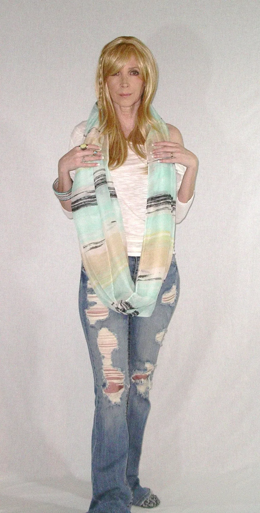 Lightweight Infinity Scarf Boho Painted Desert Mint Summer Spring Fall Scarves Mexican Serape Green Yellow Black Double Loop Eternity
