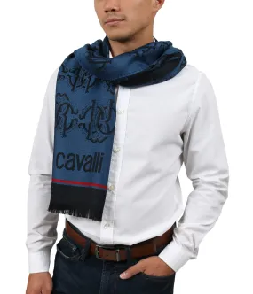 Roberto Cavalli ESZ053 04500 Blue Wool Blend Logo Mens Scarf